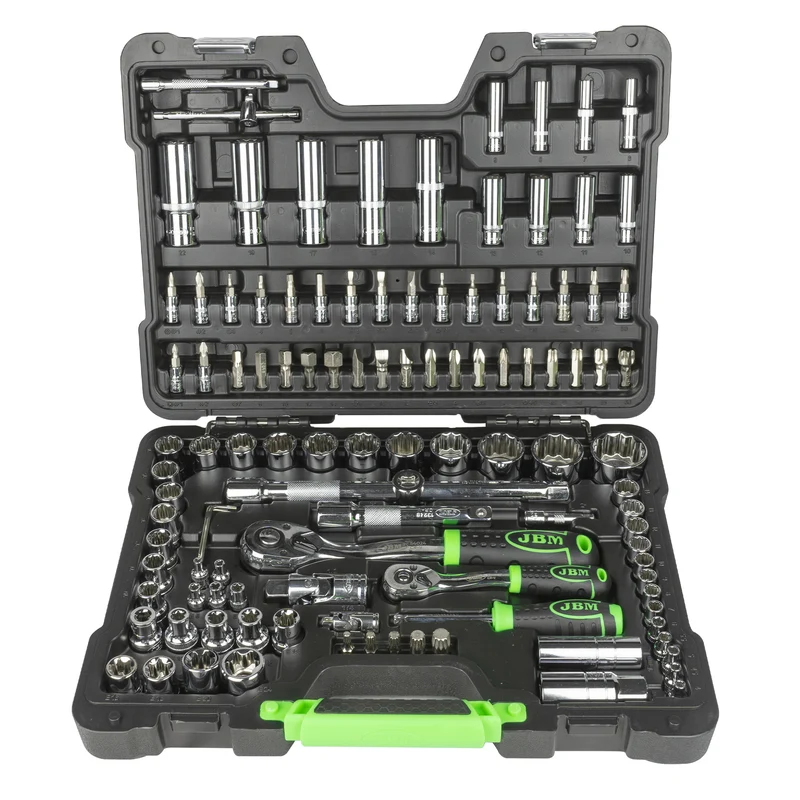 SET DI UTENSILI DA 113 PEZZI CON BUSSOLE A 12 LATI DA 1/4" E 1/2" – FINITURA CROMATA 54047 JBM