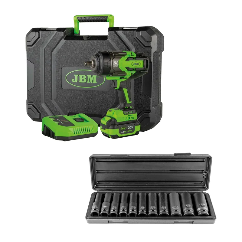 PISTOLA A IMPATTO BRUSHLESS A BATTERIA DA 1/2" 1300NM 60044C + SET DI BUSSOLE A IMPATTO DA 11 PEZZI 52342 JBM SERIE 555