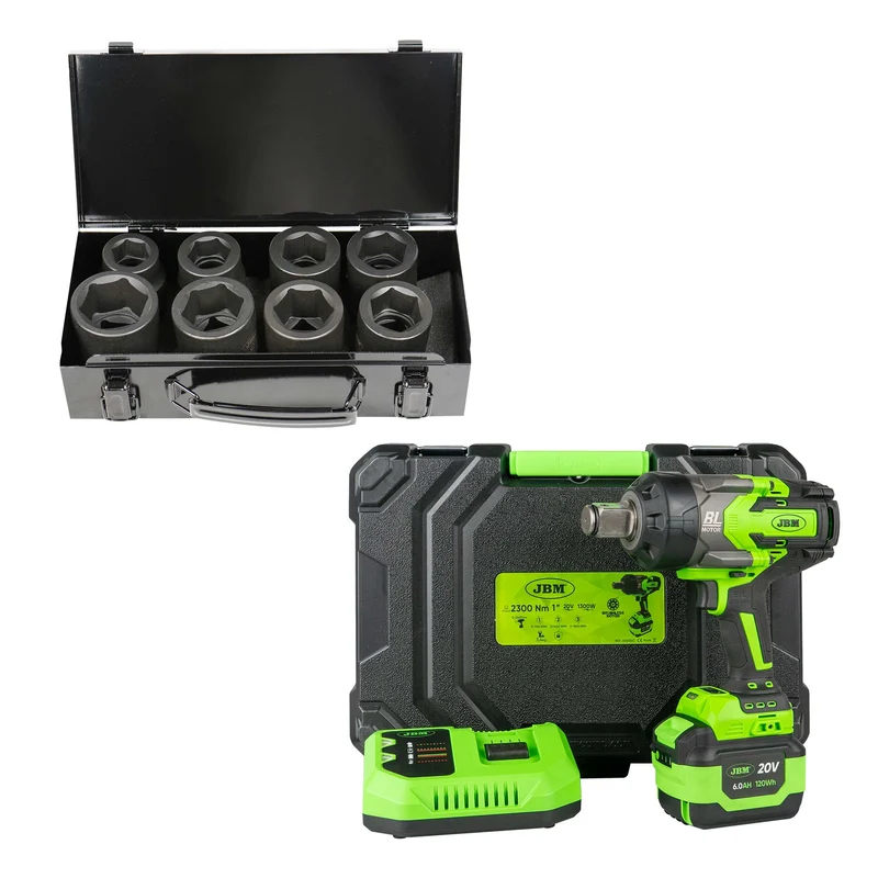 PISTOLA A IMPATTO BRUSHLESS A BATTERIA DA 1" 2300NM CON VALIGETTA 60050C + SET DA 8 BUSSOLE 52348 JBM SERIE 550