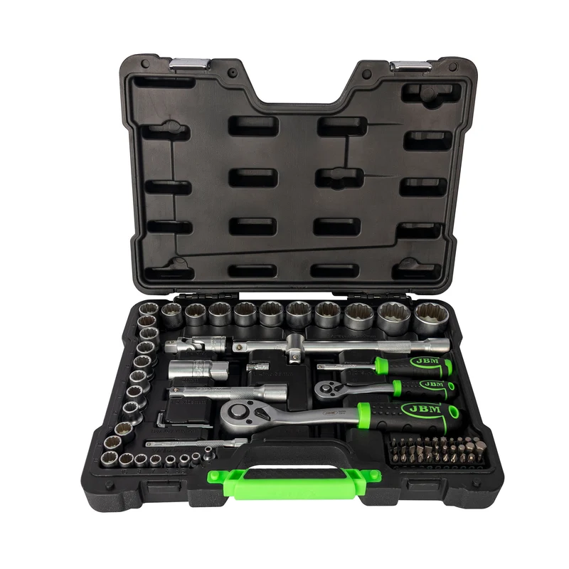 SET DI UTENSILI DA 74 PEZZI CON BUSSOLE BI-ESAGONALI DA 1/2" E 1/4" – FINITURA ZINCATA 53074 JBM