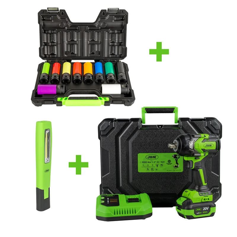PISTOLA BRUSHLESS A BATTERIA 1/2 + SET DI 10 BUSSOLE PNEUMATICHE 1/2" + LAMPADA DA LAVORO A LED JBM