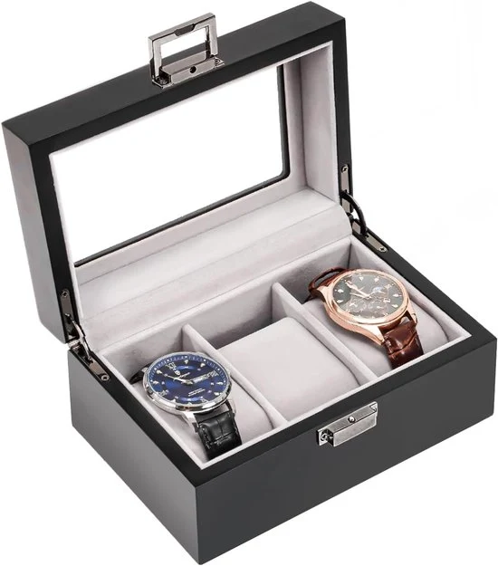 Cassetta orologeria in legno per uomo - conservazione orologio con vetrina - 3 tasche