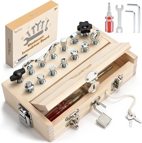 Tavolo di Educazione per Bambini in Legno – Giocattolo Motorio con Viti, Chiavi e Chiavette – Giocattolo Educativo per Bambini 3-5 Anni – Regalo per Ragazzi e Ragazze