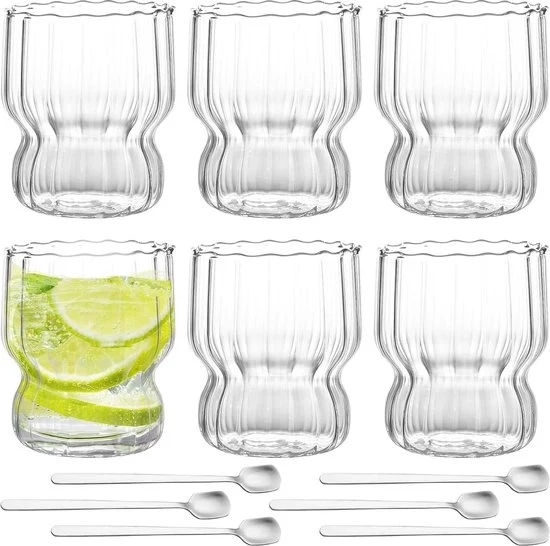 Set di tazze per cappuccino in vetro da 260 ml, con 6 tazze, cucchiai e design a rilievo, resistenti al lavastoviglie