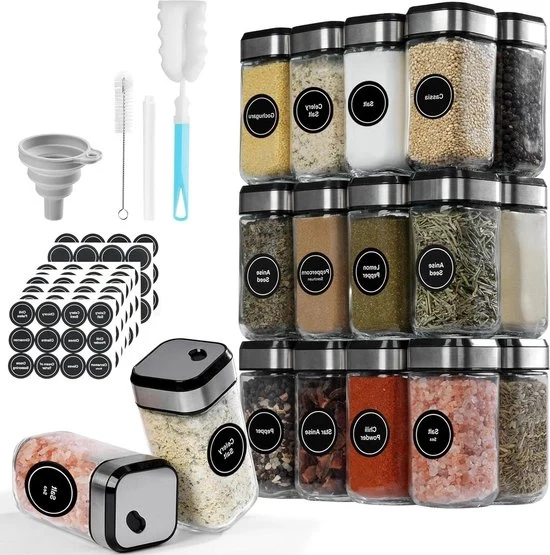 Set di 24 contenitori per erbe in vetro quadrato con etichette - Molteplici aperture - 120 ml - Cassetta per erbe per la cucina - Contenitore in vetro con etichette - Treppiedi per contenitori per erbe con etichette