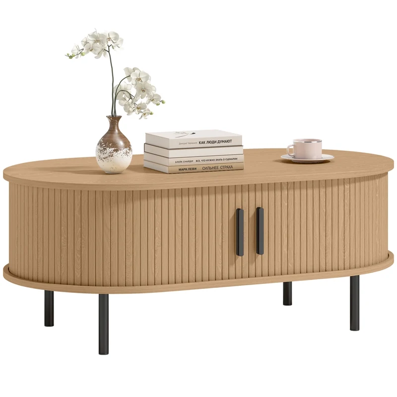 Tavolino da salotto ovale in legno naturale 100x55x40cm con ante scorrevoli e vano contenitore, design moderno per casa