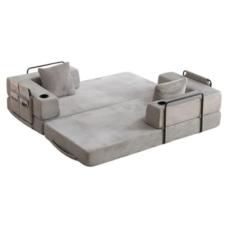 Divano da terra convertibile in letto in velluto a coste grigio chiaro con cuscino bracciolo tasca laterale e portabicchieri per salotto