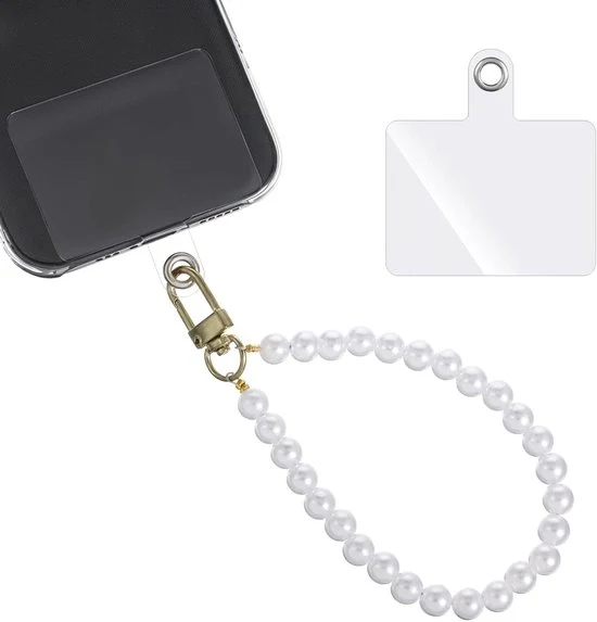 Cinturino per telefono corto 12 cm bianco con perle - maniglia per telefono cellulare. Cinturino universale per telefono da appendere - cordoncino per telefono cellulare con perle.
