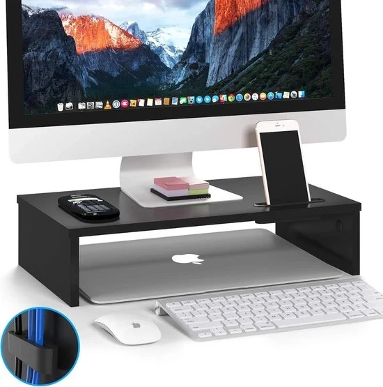 Supporto monitor in legno per scrivania - Ergonomico per laptop e stampante - Gestione cavi - Altezza per laptop in legno nero