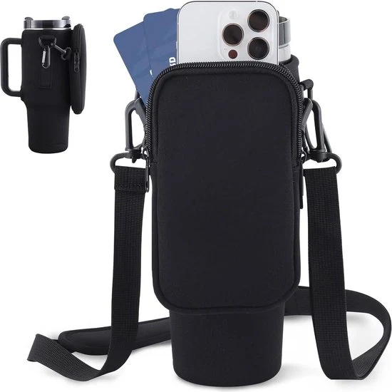 Portaflaconi con tasca per flaconi termici da 100 ml - portaflaconi con cinturino regolabile per camminate, corsa, bicicletta - porta bicchiere in nero per festival
