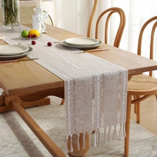 Tavolo da pranzo a quadri con pennelli - Tavolo da pranzo a quadri con decorazione a maglia - Tavolo da pranzo bohemien a quadri - Dimensioni 33x200cm