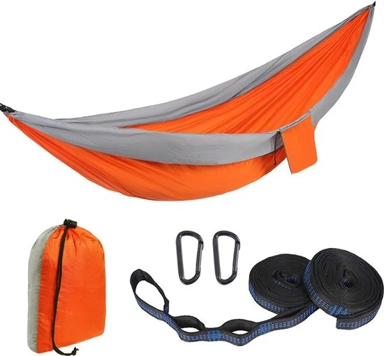 Hangmat da Campeggio - 270x140cm - Materiale Ultraleggero per il Campeggio - Telaio in Nylon Resistente - Con Due Cinturoni in Nylon da 10ft - Sedia da Giardino per Interno - Accessori da Campeggio per Esterni (Capacità 330lbs) - Colore Grigio e Arancion