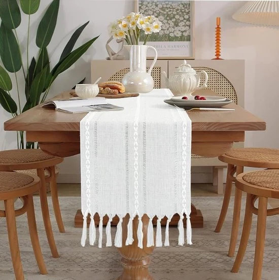 Tavolo da pranzo a quadri con strisce - Tavolo da pranzo a quadri con strisce con pennelli - Tavolo da pranzo bohemien a quadri con strisce - Per festa, Natale, cucina, tavola da pranzo, decorazione da tavola per compleanno - 33x330cm