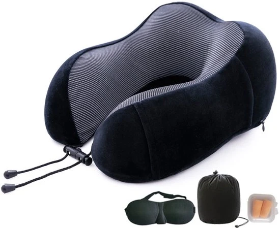 Cuscino di Supporto per Viaggio, con Memoria di Forma, per Comfort e Sostegno Cervicale, Cefalico e Toracico, per Auto, Aereo, Treno, Ufficio - Nero