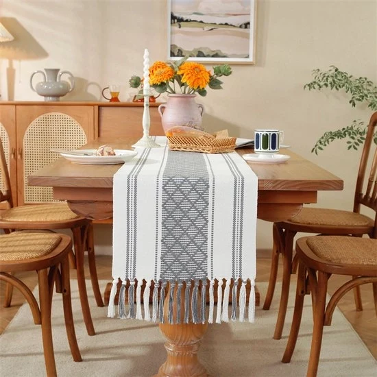Tavolo da pranzo bohemiano in cotone e lino con piumini - 35x183cm a forma di reticolo, tessuto a rilievo reticolato - tovagliato da tavolo in stile rustico - adatto per decorazione da tavola per feste, matrimoni, compleanni, ristoranti, cucine.