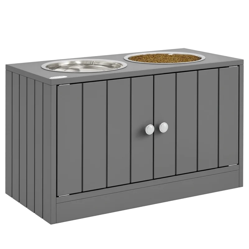 Portaciotole Rialzato per Cani e Gatti con 2 Ciotole in Acciaio Inox 2L Supporto Doppio con Vano Grigio 60 x 30 x 35,5 cm