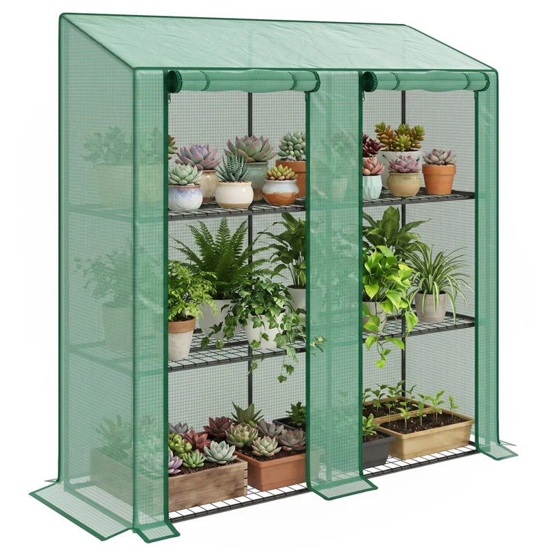 Serra da giardino verticale in PE e acciaio verde con 6 mensole e 2 porte avvolgibili, resistente per piante e orto, 143x46x151cm