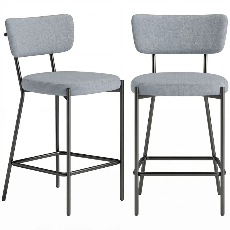 Set di 2 Sgabelli da Bar con Schienale Curvo e Poggiapiedi, Seduta Imbottita Grigio, per Cucina e Casa, 49 x 53 x 93 cm