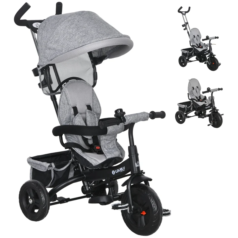 Triciclo per Bambini 6 in 1 Passeggino con Maniglione e Tettuccio Regolabile, Cintura di Sicurezza, Grigio, Età 1-5 Anni, Robusto e Pratico