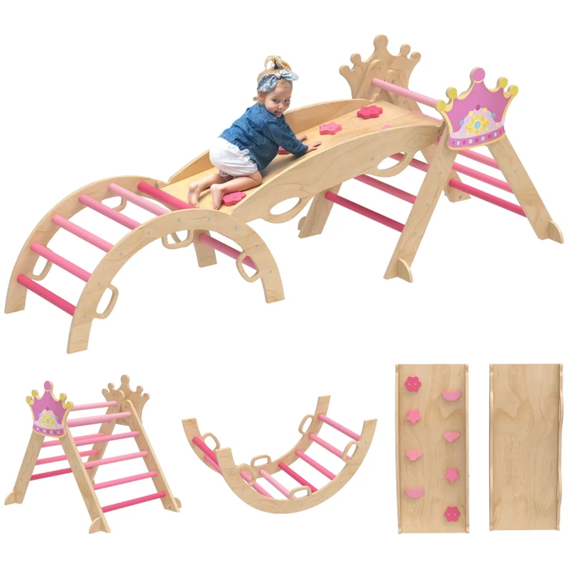 Palestra da Arrampicata 8 in 1 per Bambini da Interno in Legno con Scivolo e Rampa Regolabile Design Principessa