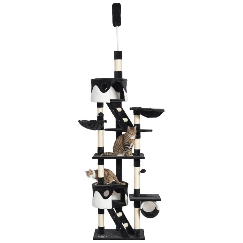 Albero Tiragraffi per Gatti a Soffitto Regolabile 240-260 cm Multilivello con Cucce Amache e Corde in Sisal Grigio Scuro e Bianco