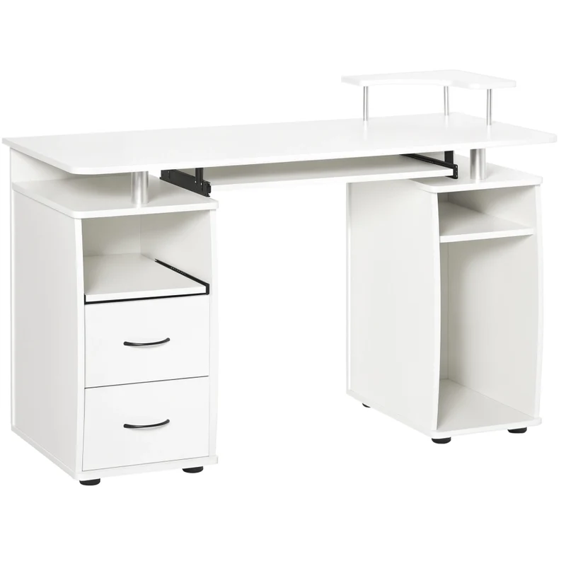 Scrivania per PC e Ufficio con Porta Monitor Porta Tastiera e 2 Cassetti Bianca 120x55x85 cm