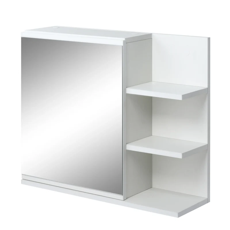 Mobile Specchiera Bagno Pensile con Specchio e 3 Ripiani Laterali in Legno Bianco Salvaspazio da Parete