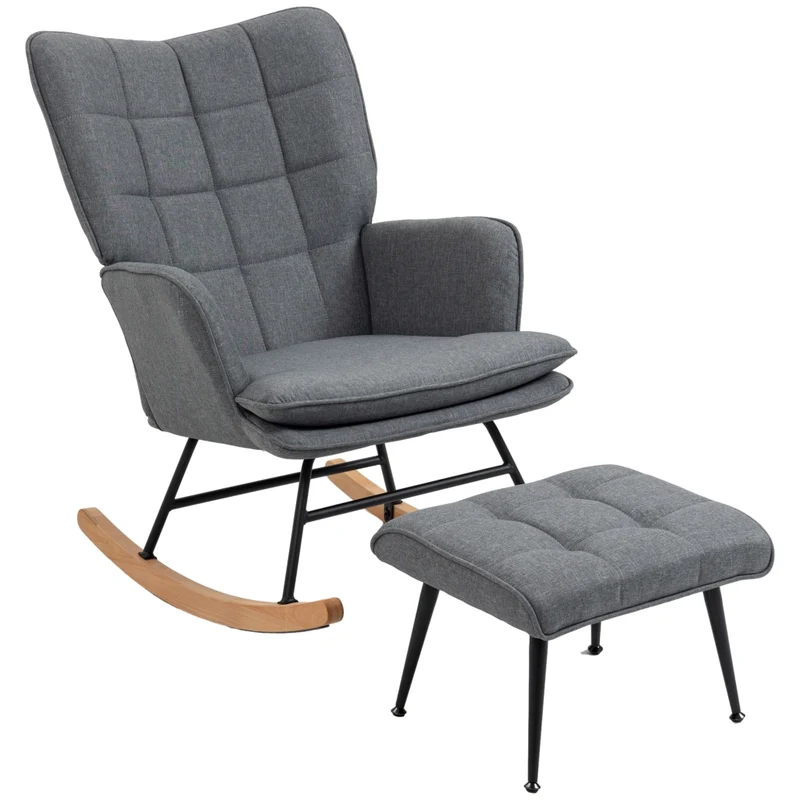 Sedia a dondolo con poggiapiedi, poltrona relax con cuscino, schienale alto per soggiorno e camera da letto, 64 x 89 x 90 cm, grigio
