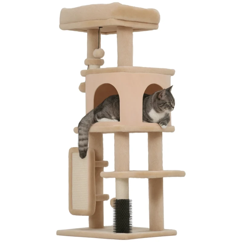 Albero tiragraffi per gatti multilivello alto 104 cm in sisal e peluche con casetta lettino e giochi beige robusto per casa