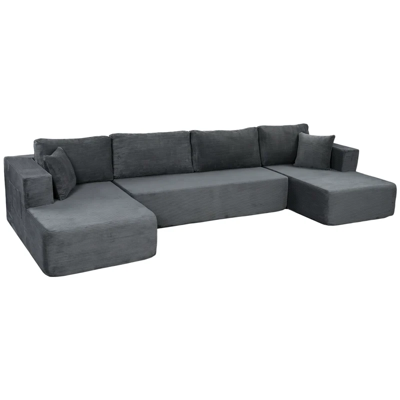 Divano Modulare a U 4 Posti con 2 Chaise Longue e 6 Cuscini, Salvaspazio Senza Montaggio per Soggiorno, Grigio, 369 x 152 x 78 cm