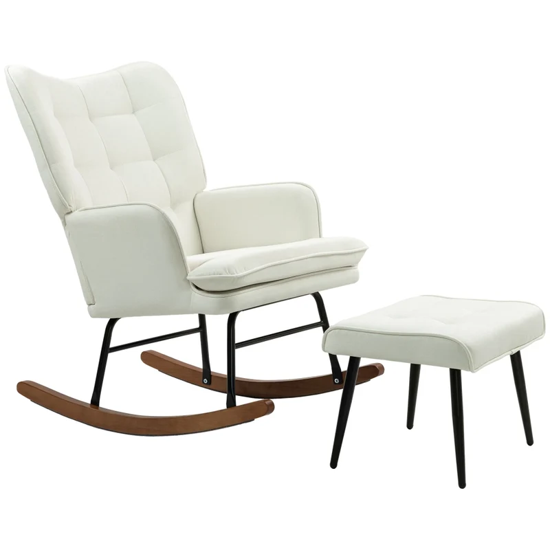 Sedia a dondolo con poggiapiedi 64 x 89 x 90 cm in simil lino bianco crema, poltrona a dondolo ergonomica imbottita per soggiorno