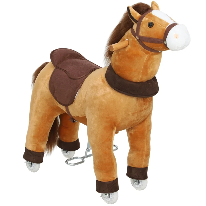 Cavallo Cavalcabile per Bambini 3-5 Anni con Ruote Rivestimento in Tessuto Telaio Robusto Marrone Scuro
