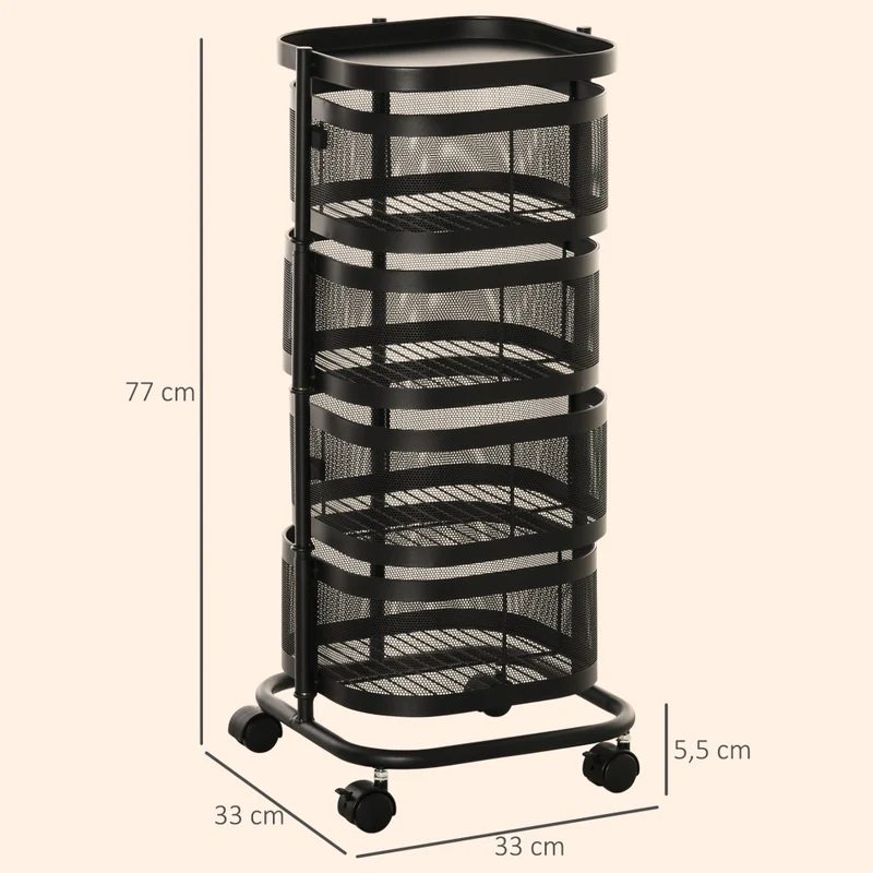 Carrello da Cucina a 4 Livelli con Cestelli Girevoli e Ruote Carrello Salvaspazio Multiuso 33x33x77 cm Nero