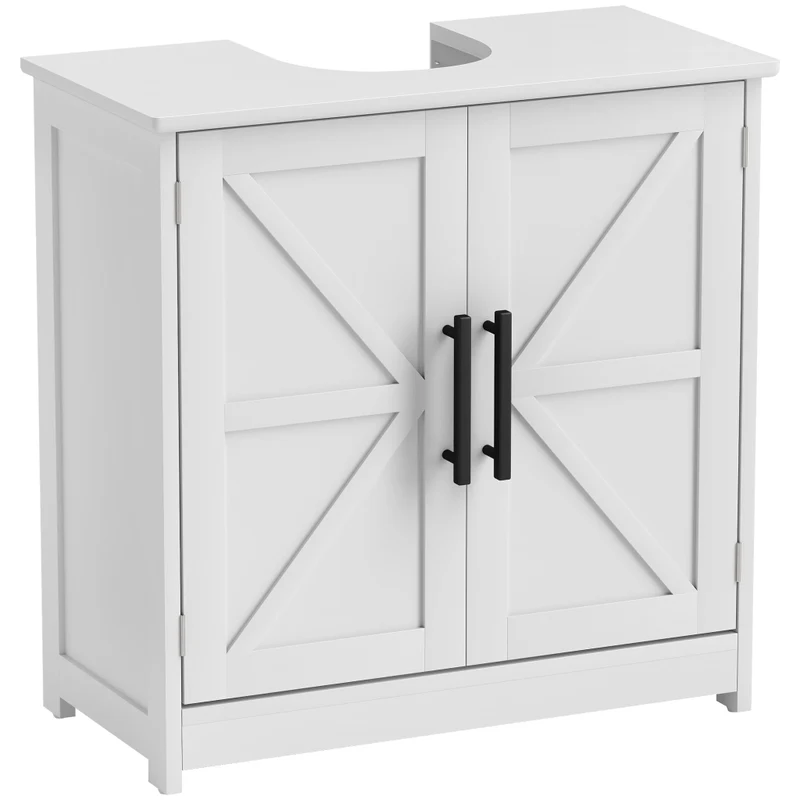 Mobile Sottolavabo per Bagno Salvaspazio, Mobiletto con 2 Ante Stile Fienile e Ripiano Regolabile, 60 x 30 x 60 cm, Bianco