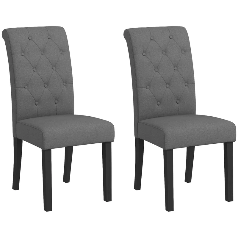 Set di 2 Sedie da Pranzo Imbottite in Tessuto di Lino Grigio Scuro Gambe in Legno Massello per Soggiorno e Cucina 47 x 61 x 101 cm