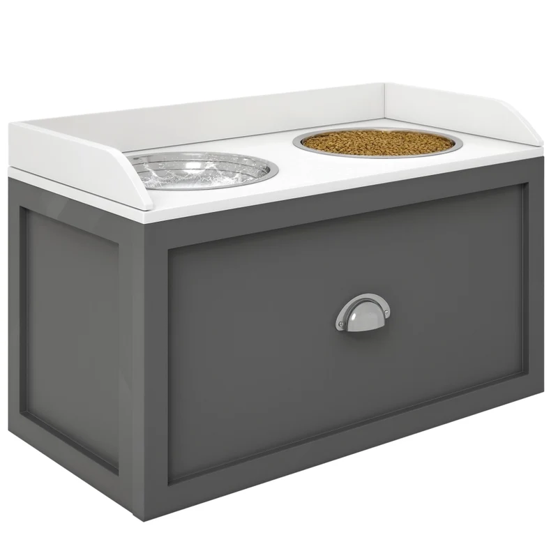 Ciotole per Cani Rialzate con Cassetto Mangiatoia in Legno MDF e Acciaio Inox Grigio 60x30x36cm Robusto e Pratico per Casa