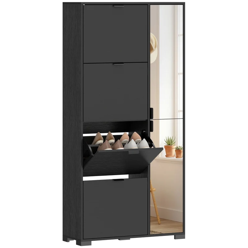 Scarpiera Moderna con Specchio Salvaspazio Mobile Porta Scarpe Nero con 4 Cassetti a Ribalta per Ingresso Casa