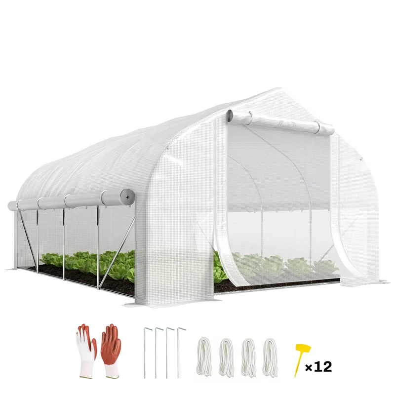 Serra a Tunnel da Giardino 12 m² 400x200x200 cm con Telo PE 140 g/m² Struttura in Acciaio Zincato Porta e 8 Finestre Bianco