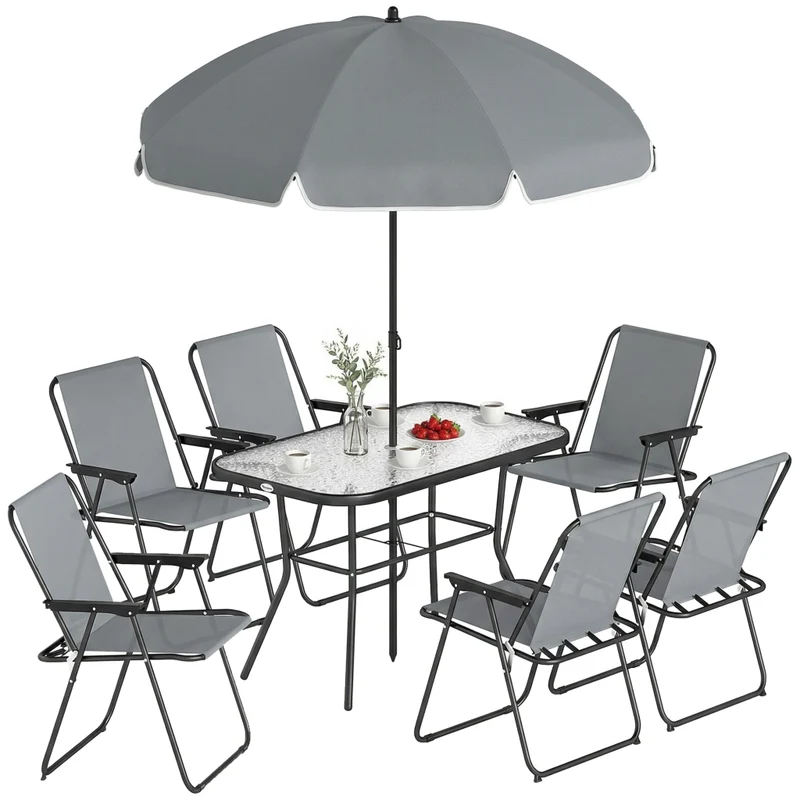 Set Mobili da Giardino 8 Pezzi con Tavolo in Vetro 119 x 68cm 6 Sedie Pieghevoli e Ombrellone Salvaspazio Grigio