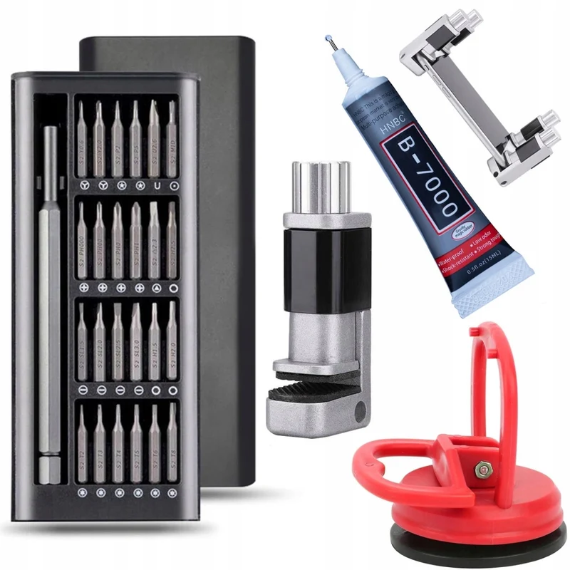 Set Riparazione Display LCD Rosfix – Mini Morsa da Banco, Cacciaviti 25 in 1, Colla B7000, Ventosa 55 mm