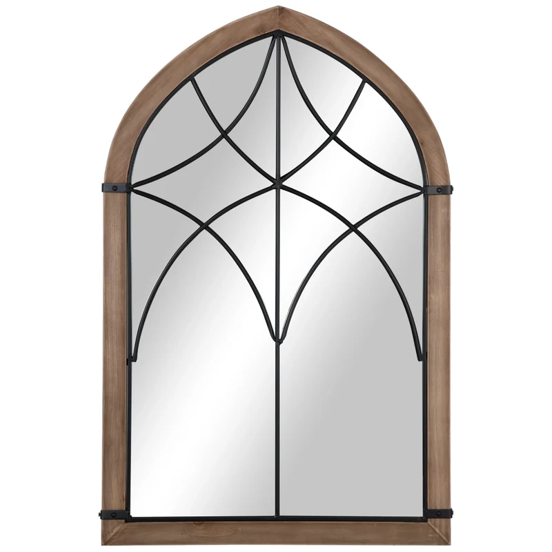 Specchio da Parete ad Arco in Legno e Vetro con Ganci, Design Moderno per Casa, 60x93 cm, Marrone e Nero