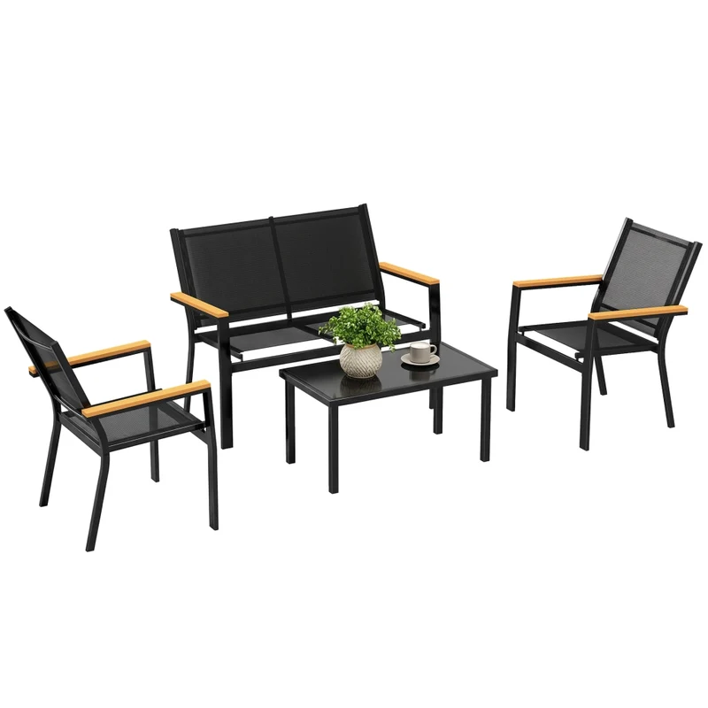 Set Mobili da Giardino 4 Pezzi con Tavolino in Vetro Temperato e 3 Sedute in Tessuto Teslin Salottino da Esterno Robusto Nero