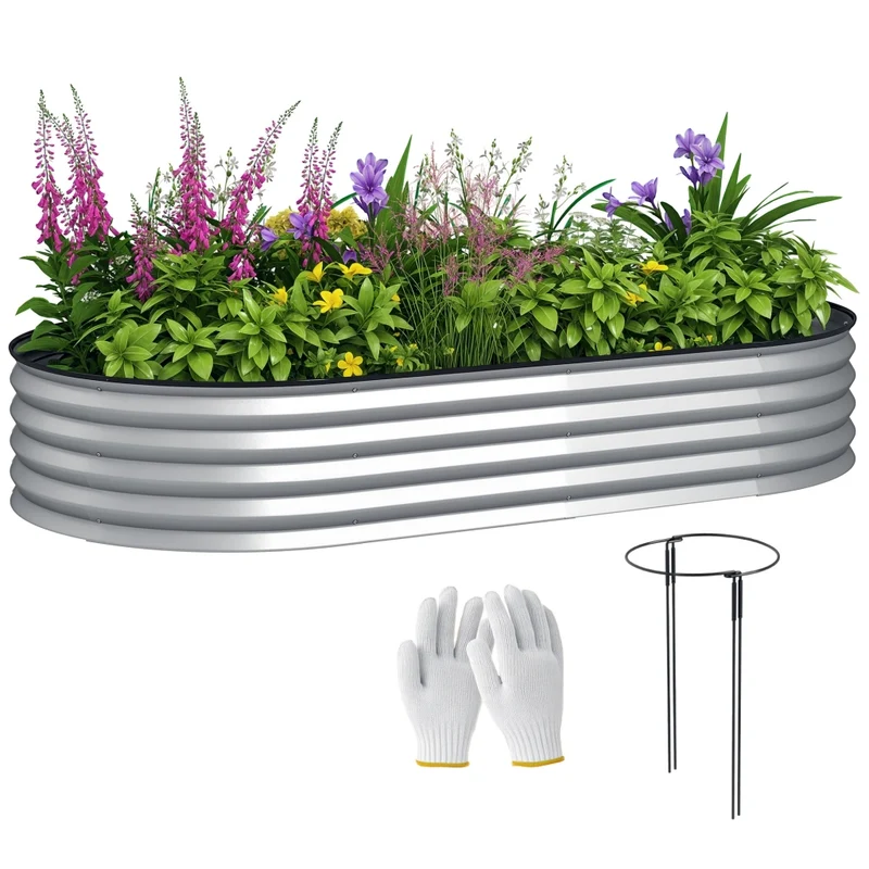Aiuola rialzata da giardino in acciaio zincato argento 181 x 93 x 30 cm con bordo di sicurezza, fioriera robusta per orto e piante