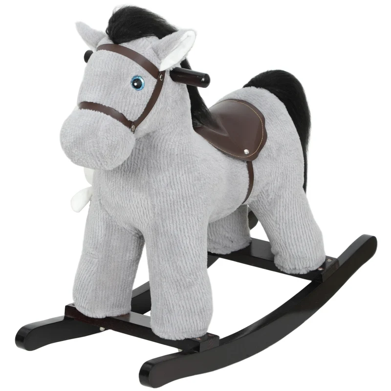 Cavallo a Dondolo per Bambini in Peluche con Suoni e Bambola Struttura Legno e Metallo Grigio 71 x 26 x 55 cm