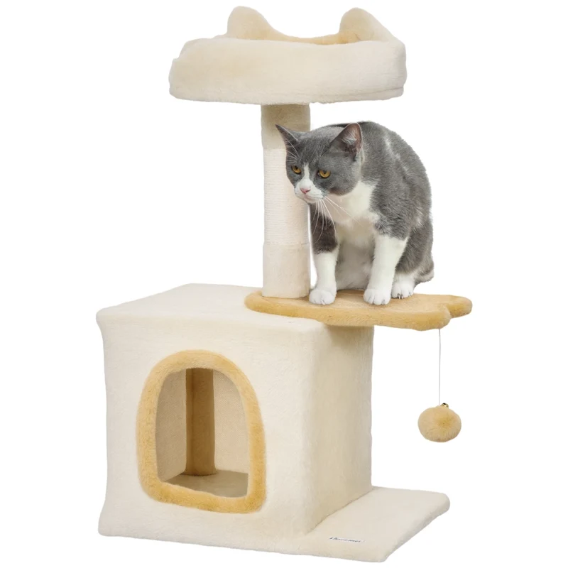 Albero Tiragraffi per Gatti con Casetta e Posatoio in Sisal Legno e Peluche Robusto e Salvaspazio per Casa 40x30x72 cm Beige e Giallo