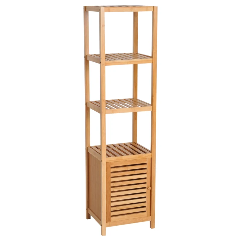 Colonna bagno salvaspazio con 3 ripiani aperti e anta a lamelle, mobiletto alto per bagno 36 x 33 x 140 cm