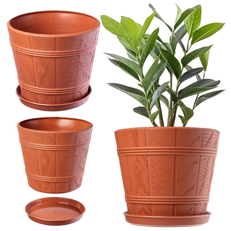 Vaso da fiori KADAX da 22 cm con coperchio effetto legno e supporto in plastica.