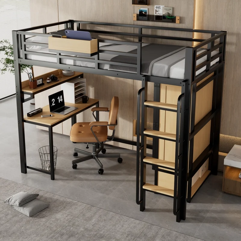 Letto a soppalco in ferro e MDF con armadio; scrivania e scala 90x200 cm; nero/naturale