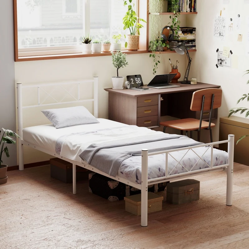 Letto singolo in acciaio bianco con rete integrata, 90x200 cm
