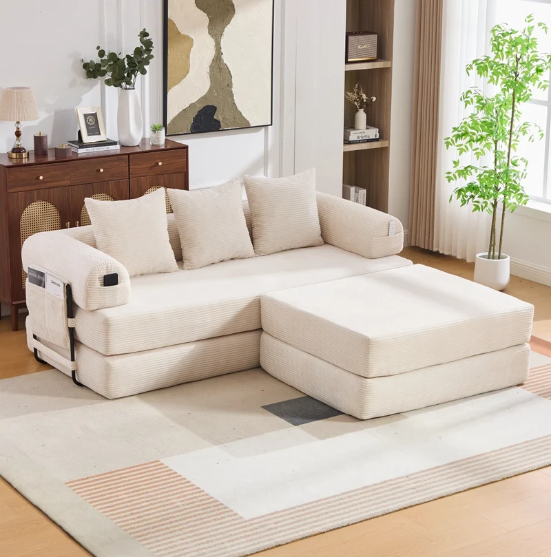 Divano modulare in corduroy beige con tasca laterale; 3 cuscini e struttura in metallo 200x190x67 cm